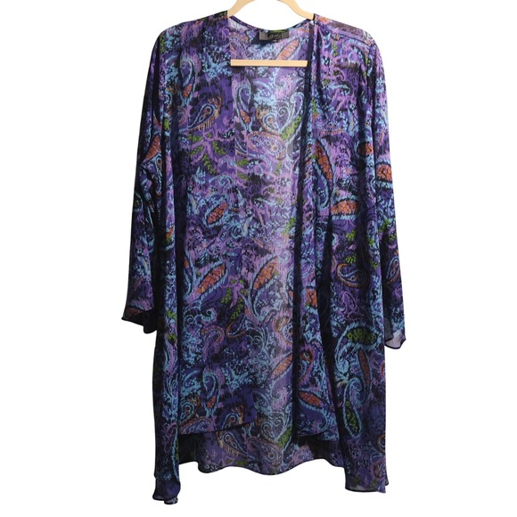 Slinky Brand Sweaters - VTG‎ Slinky Brand 1X Purple Paisley Sheer Open Front Kimono Cardigan Boho Retro